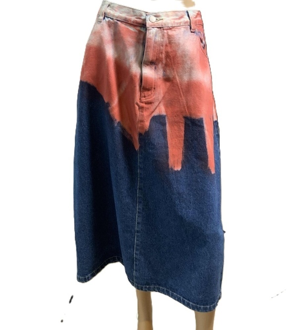 Americana Blues Dresses & Skirts - Americana Blues Blue Red Painted Knee Length Denim Skirt Size 20W Retro Gothcore